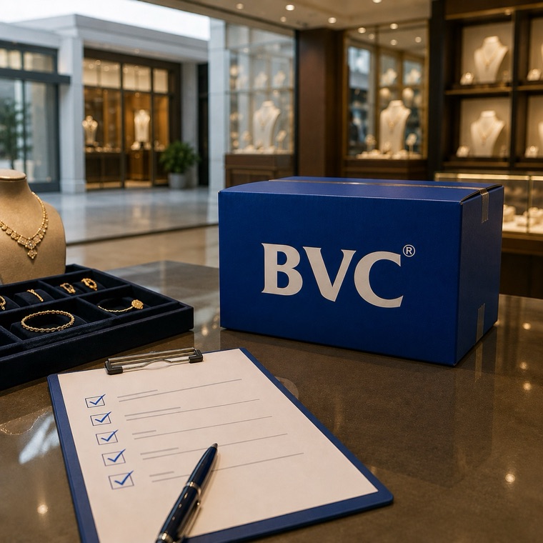 A BVC box and a jewellery tray beside a ticked checklist clipboard in a jewellery showroom