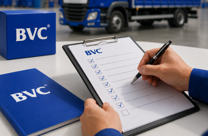 A BVC staff member ticking off a BVC checklist on a clipboard, with sealed BVC boxes and a BVC secure truck in the background
