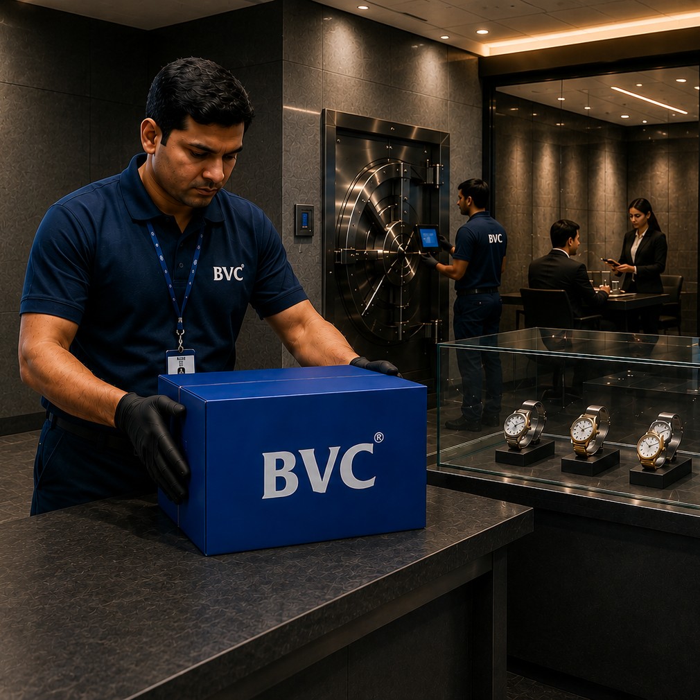 BVC agent unpacking a diamond necklace into a luxury boutique display, with the Dubai skyline behind