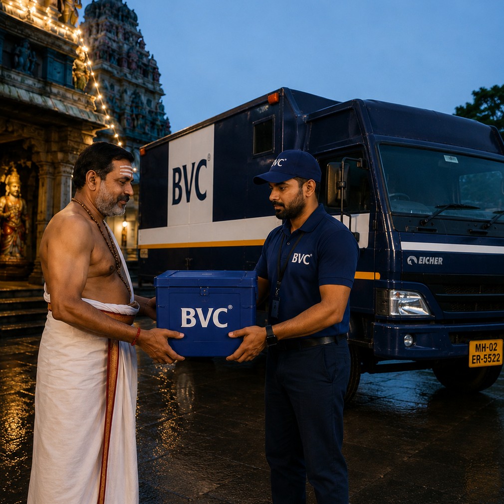 BVC officer handing a sealed BVC case to a temple priest at dawn beside a loaded BVC truck