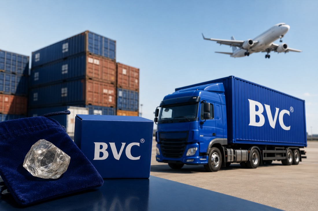 Rough diamond on a velvet pouch beside a BVC box, with a BVC container truck, stacked shipping containers and a cargo aircraft behind