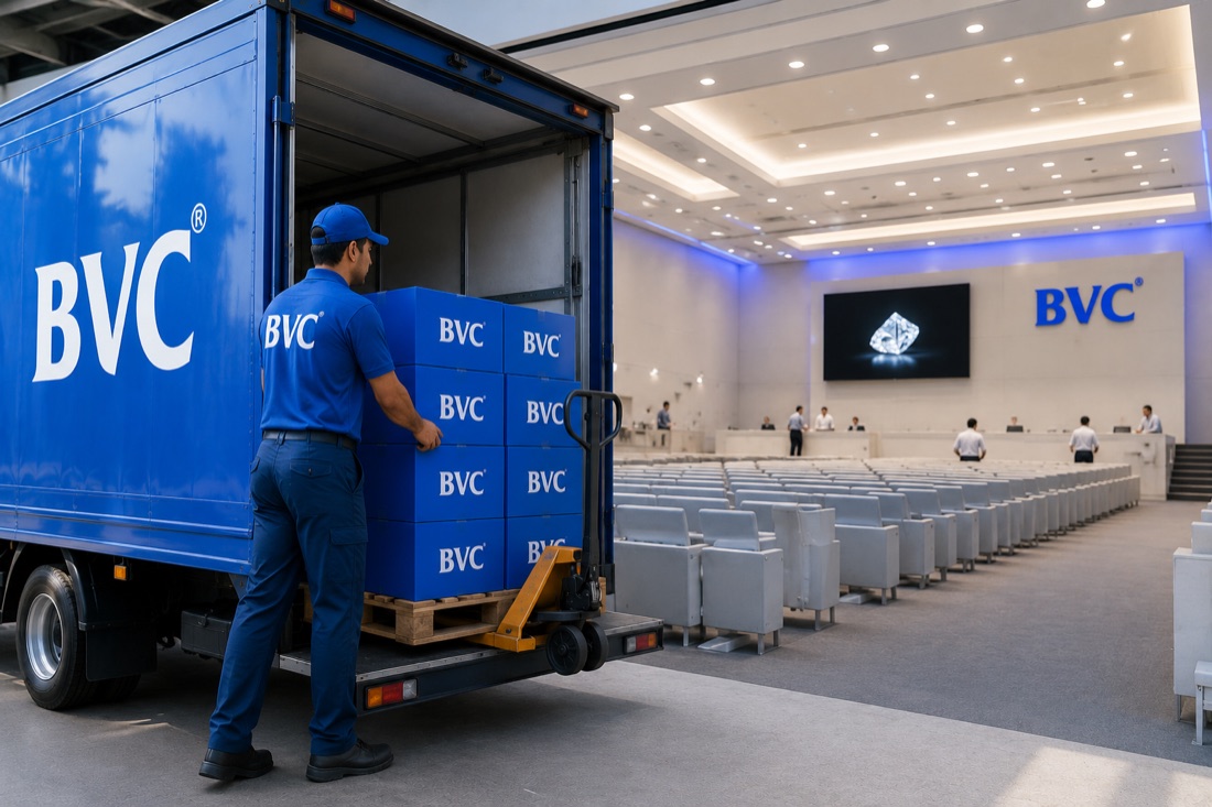 BVC crew unloading sealed BVC parcels from a truck into a diamond auction hall with rows of seats