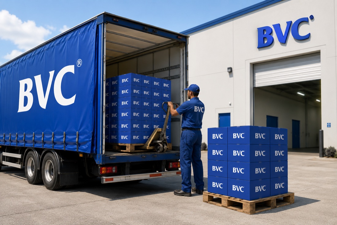 BVC truck unloading pallets of BVC boxes at a factory loading bay