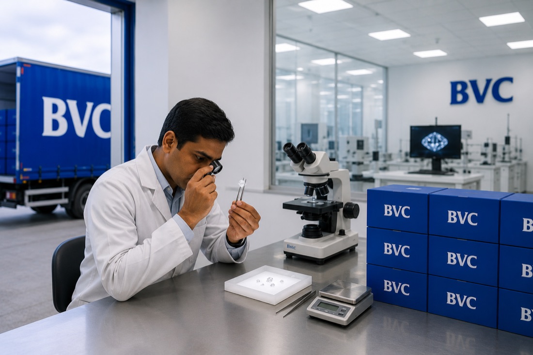 Gemologist examining a diamond with a loupe beside a microscope, precision scale and stacked BVC boxes in a certification lab
