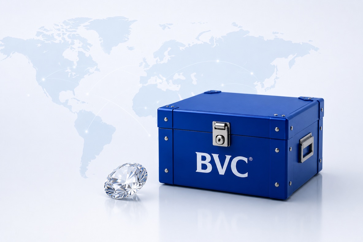 A blue BVC secure shipping case beside a polished diamond, set against a world map of global routes