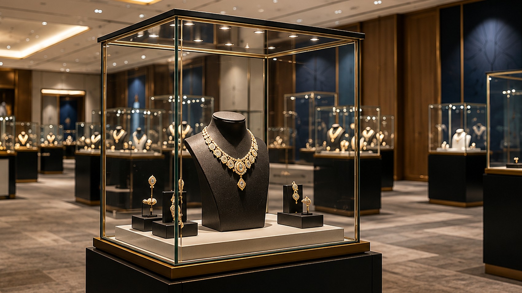 Private jewellery exhibition display — diamond necklace and earrings in a secure showcase