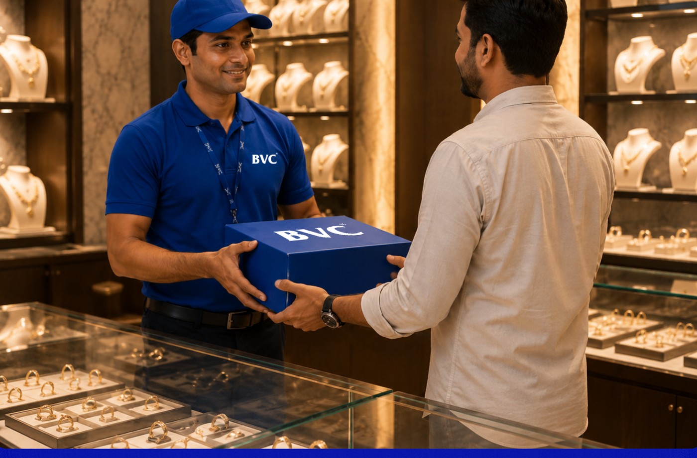 A BVC officer handing a sealed blue BVC case to a customer across a jewellery store counter, with lit display cases behind