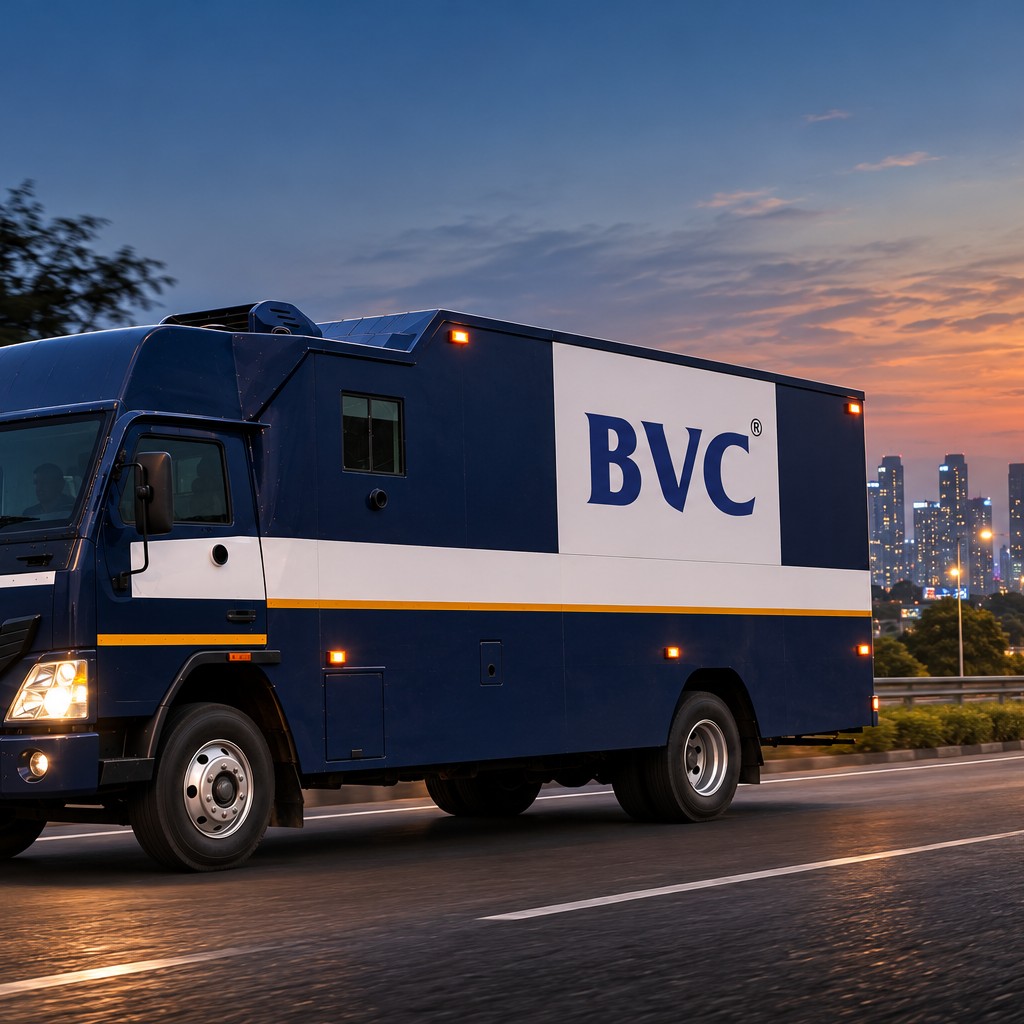 A secure BVC truck with a glowing lock-and-shield emblem travelling along a winding mountain road at dusk