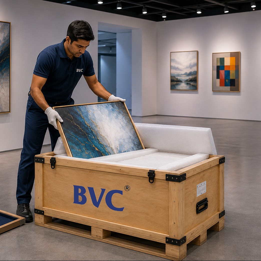 A BVC officer in white gloves carefully lowering a framed artwork into a padded blue BVC crate inside an art gallery
