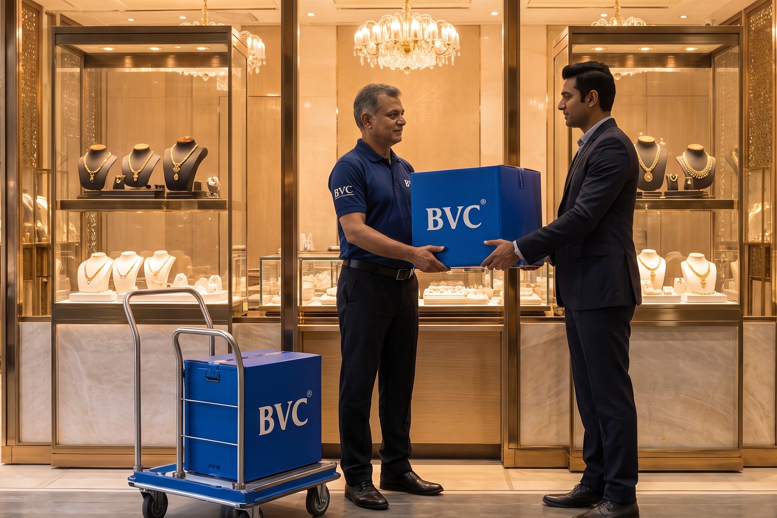 An exhibition owner in a suit handing a large sealed blue BVC box to a BVC courier beside a trolley, in front of gold-lit jewellery showcases