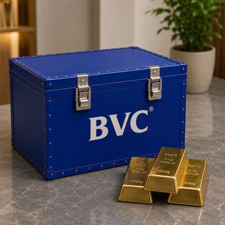 A reinforced BVC trunk beside three FINE GOLD 1000g bars on a marble surface