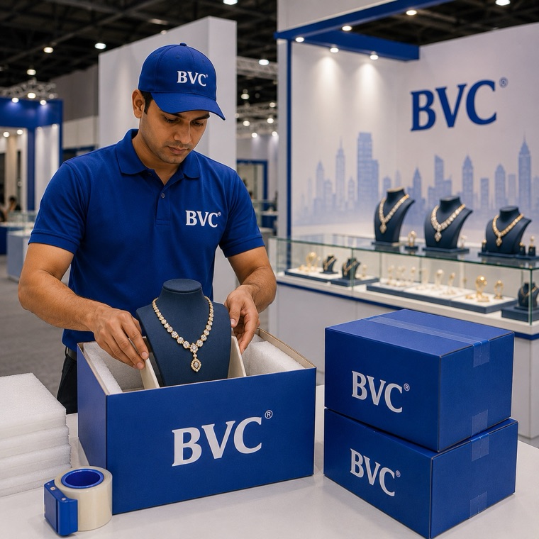 BVC staff placing a necklace bust into a BVC box at an exhibition booth with display cases