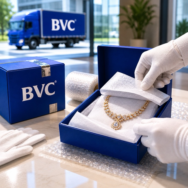 Gloved hands placing a gold bracelet into a velvet box beside a packing checklist, a BVC box and a BVC truck