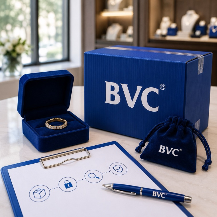 A ring in a velvet box beside a BVC pouch, a BVC box and a process checklist clipboard
