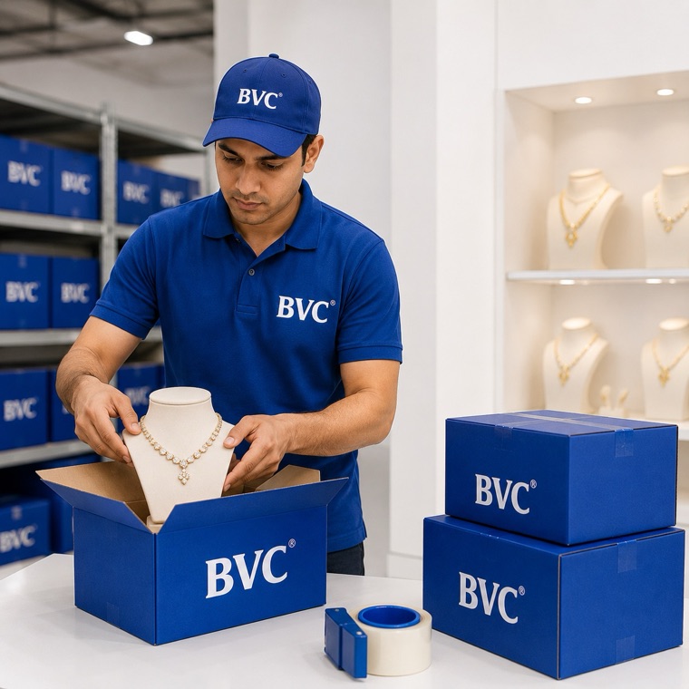 BVC team member packing a gold necklace into a BVC box in a fulfilment area lined with jewellery displays