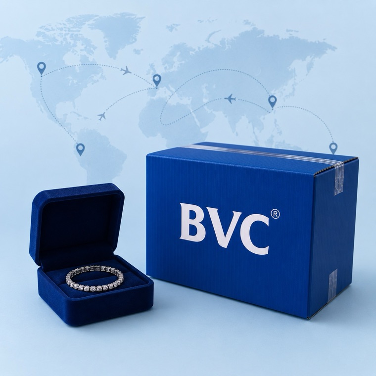 A world map with flight paths above a BVC box and a bracelet in a velvet box