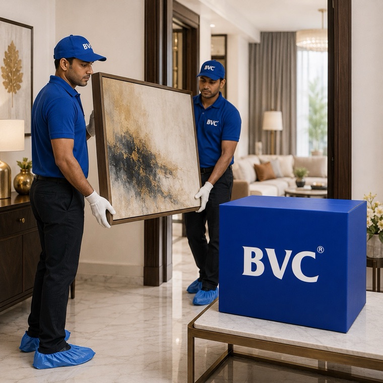 Two gloved BVC crew carrying a framed artwork into a luxury living room beside a BVC case