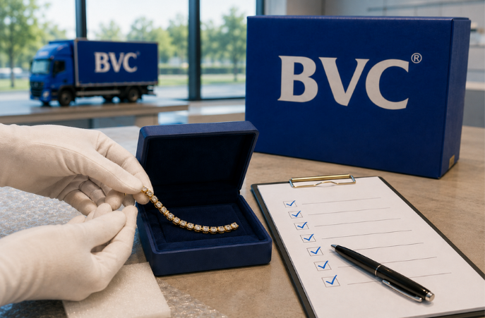 Gloved hands placing a gold bracelet into a BVC box beside a packing checklist, with BVC boxes and a BVC truck behind