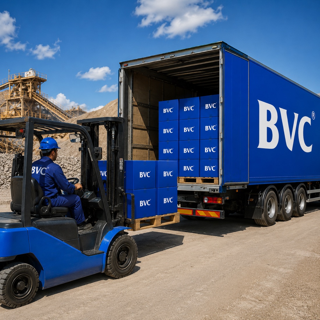 BVC forklift loading stacked BVC boxes onto a BVC trailer at a gold and silver mining site