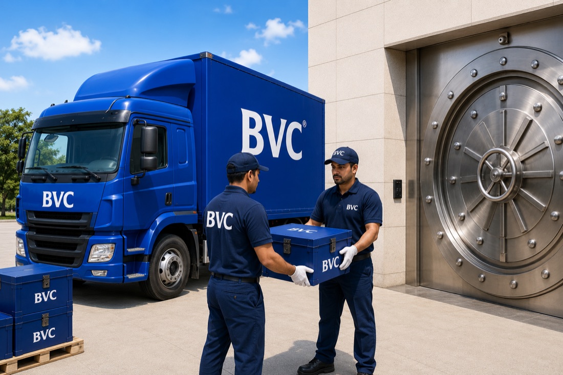 Two BVC officers handing a sealed BVC box between a BVC truck and a bank vault door