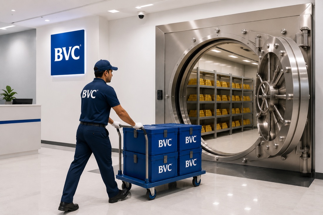 BVC officer wheeling a trolley of sealed BVC boxes past an open vault stacked with gold bars