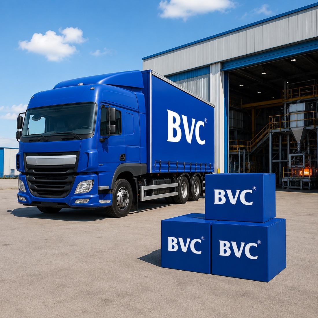 BVC truck and stacked BVC boxes outside a refining and smelting facility