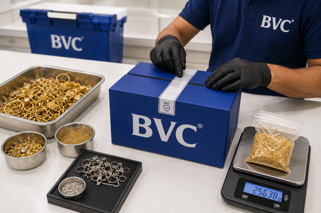 Gloved BVC handler sealing a BVC box beside trays of scrap gold and silver jewellery on a weighing scale