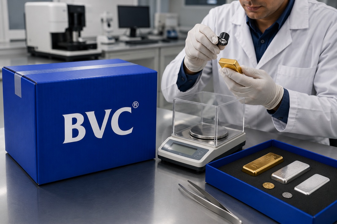 Lab technician in a white coat inspecting a gold bar with a loupe beside a precision scale, gold and silver bars and a sealed BVC box
