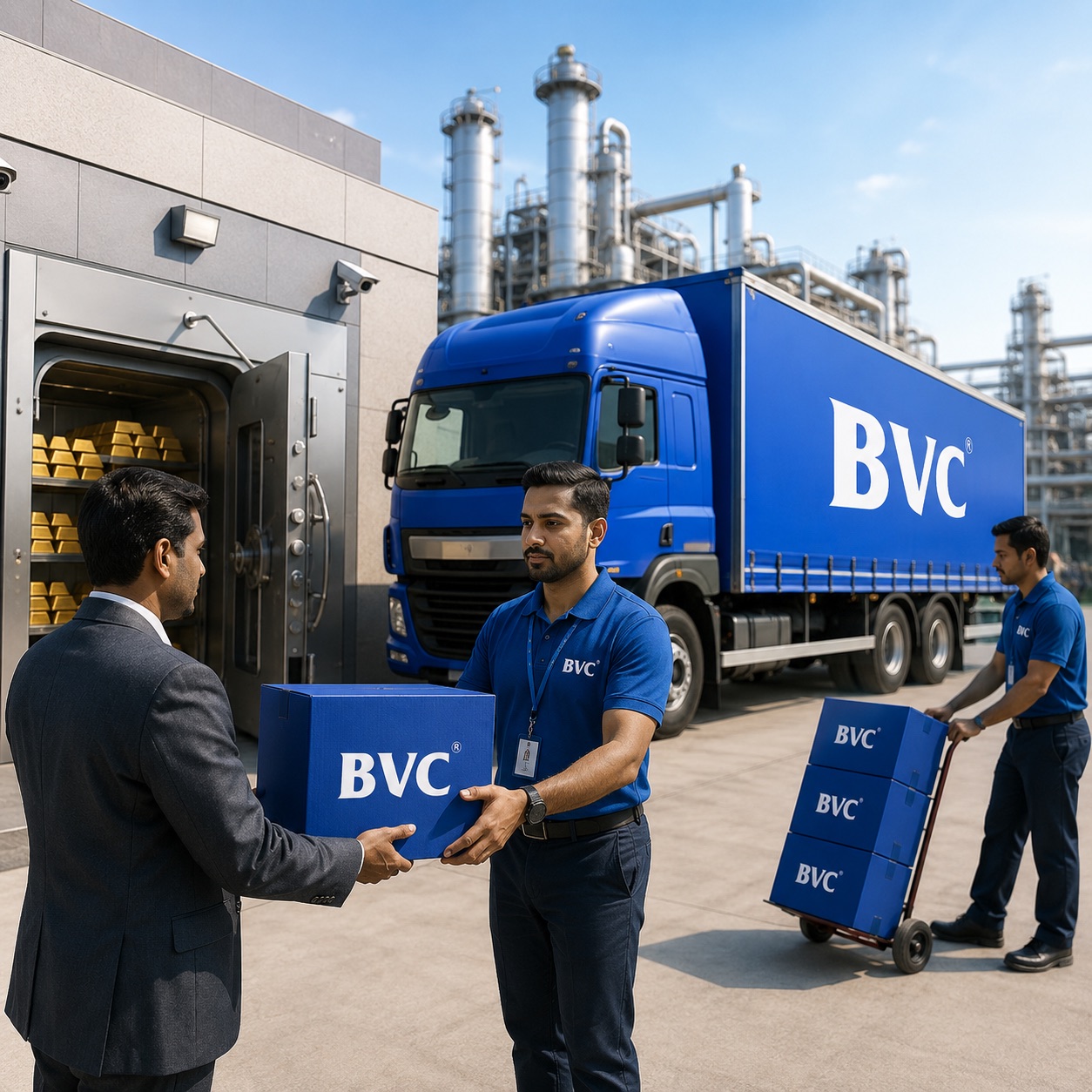 A BVC vault stacked with gold bars, a blue BVC truck at a refinery, and BVC staff handing over secure shipping boxes