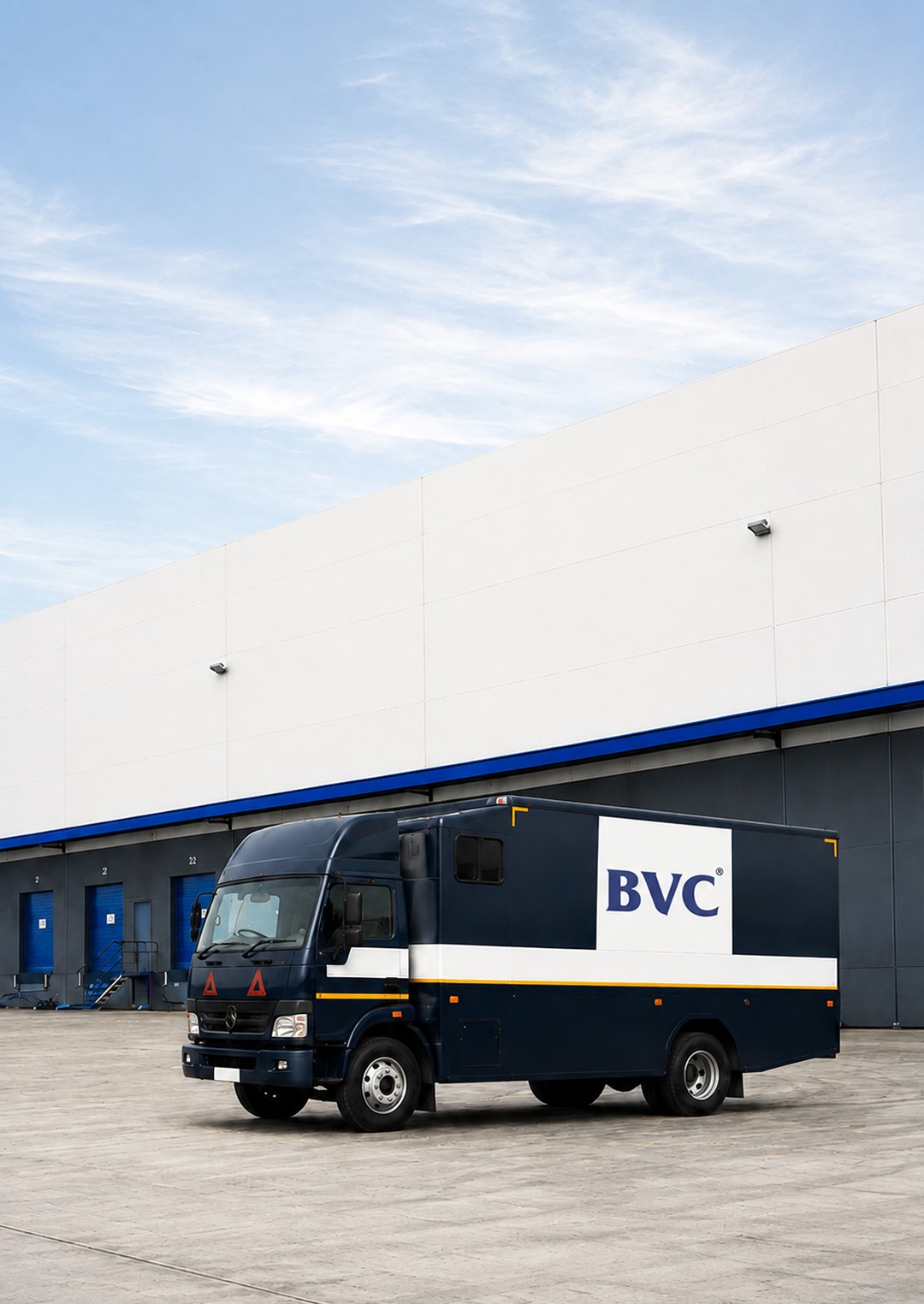 BVC armoured logistics truck with a security guard at a checkpoint