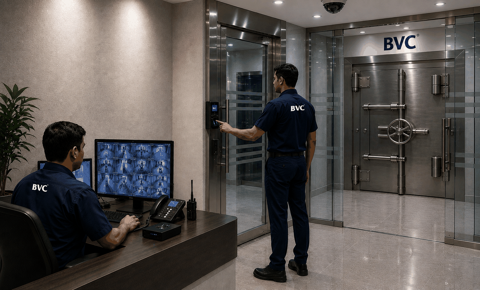 BVC armed personnel at secure branch facility with vault and CCTV