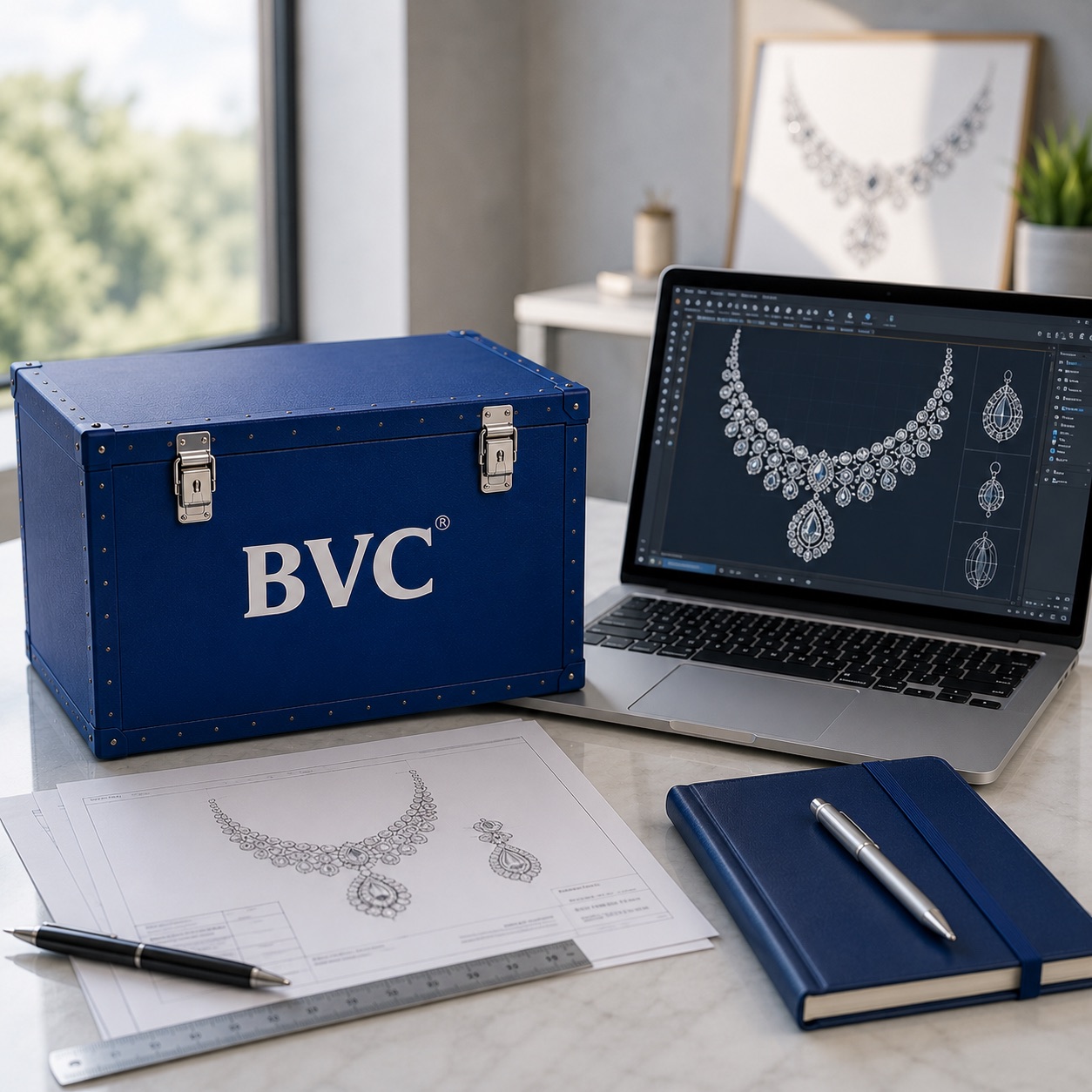 BVC trunk beside a laptop showing a CAD necklace design and a printed jewellery sketch on a studio desk