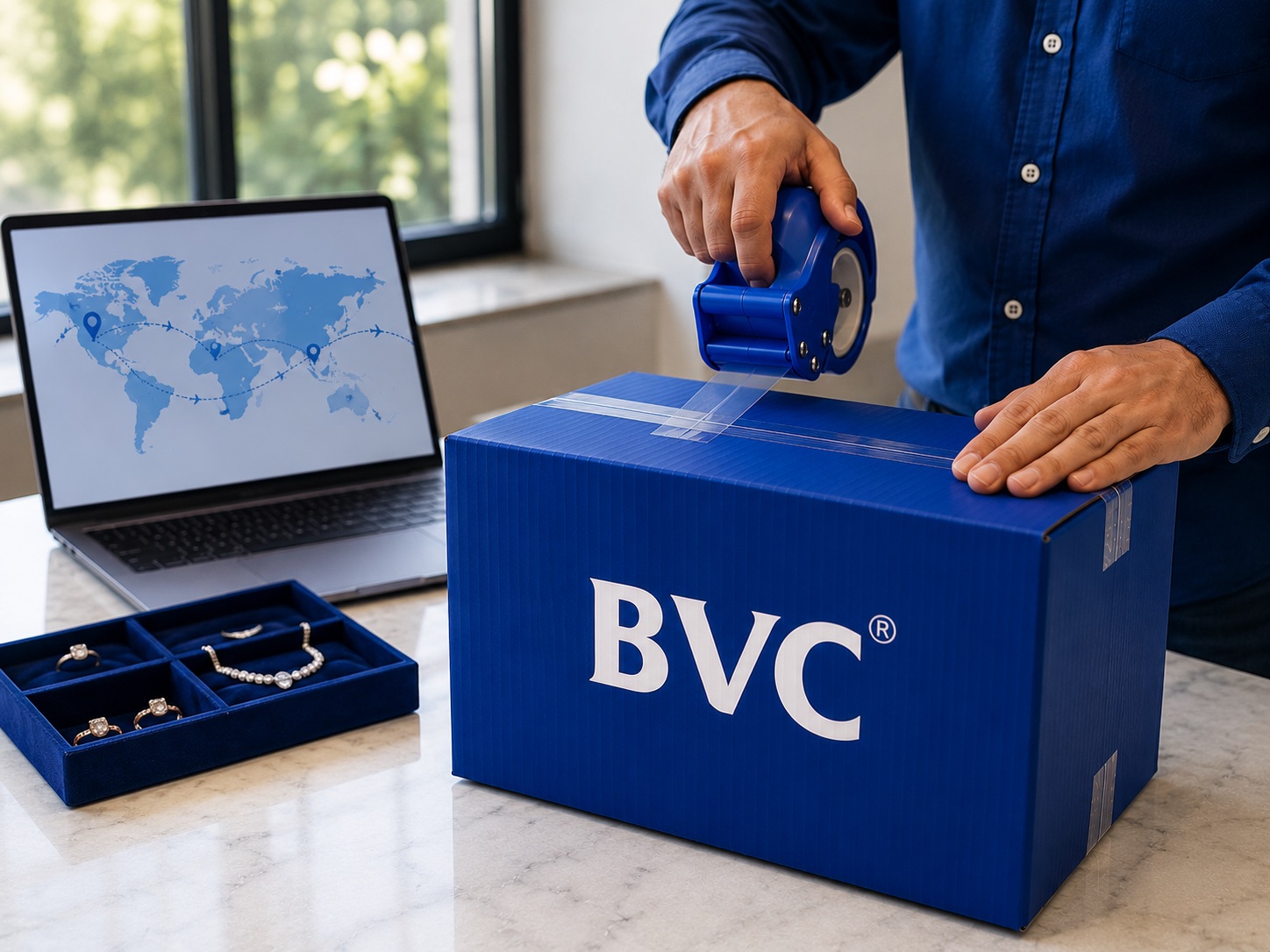 Person taping a BVC e-commerce parcel beside a laptop showing a world shipping map and a tray of jewellery