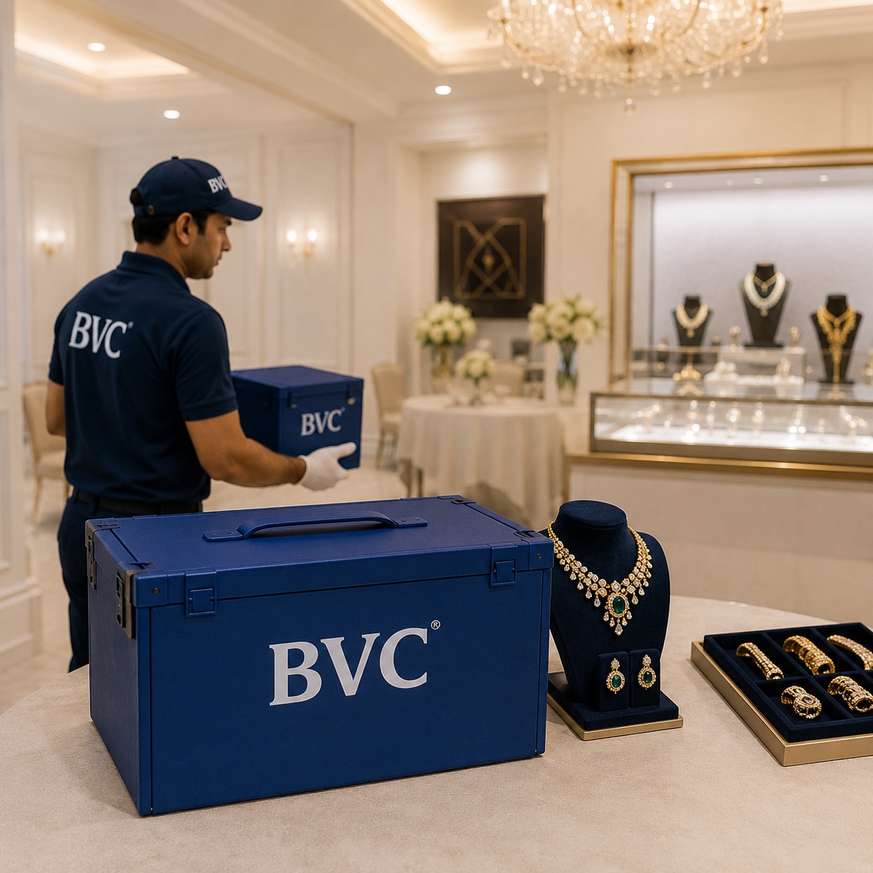 BVC officer carrying BVC cases inside a luxury exhibition venue beside a displayed necklace and trays of jewellery