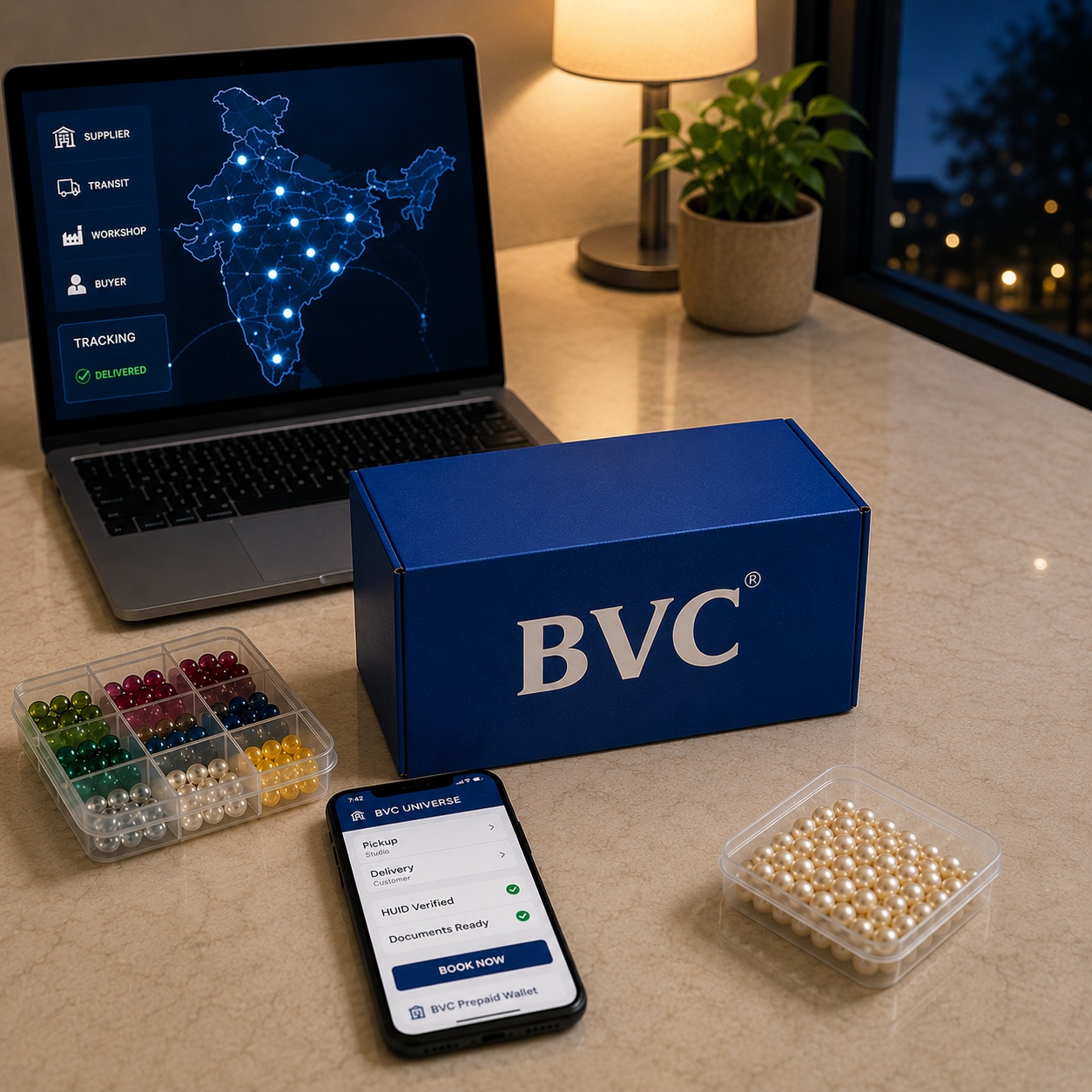 Laptop showing a BVC India tracking map beside a BVC box, a tray of coloured gemstones and a tray of pearls