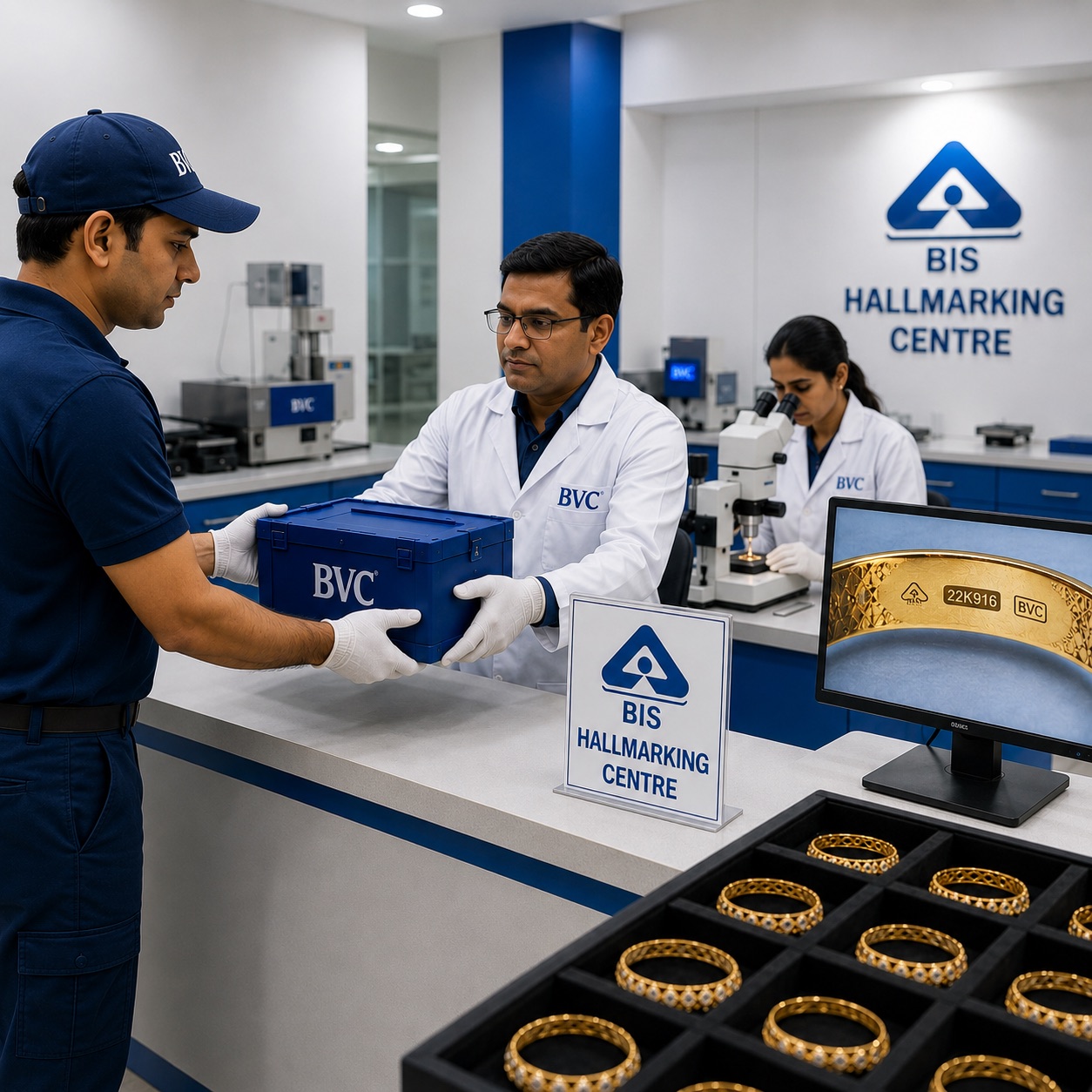 BVC officer handing a sealed BVC box to staff at a BIS Hallmarking Centre counter with hallmarked gold bangles on display