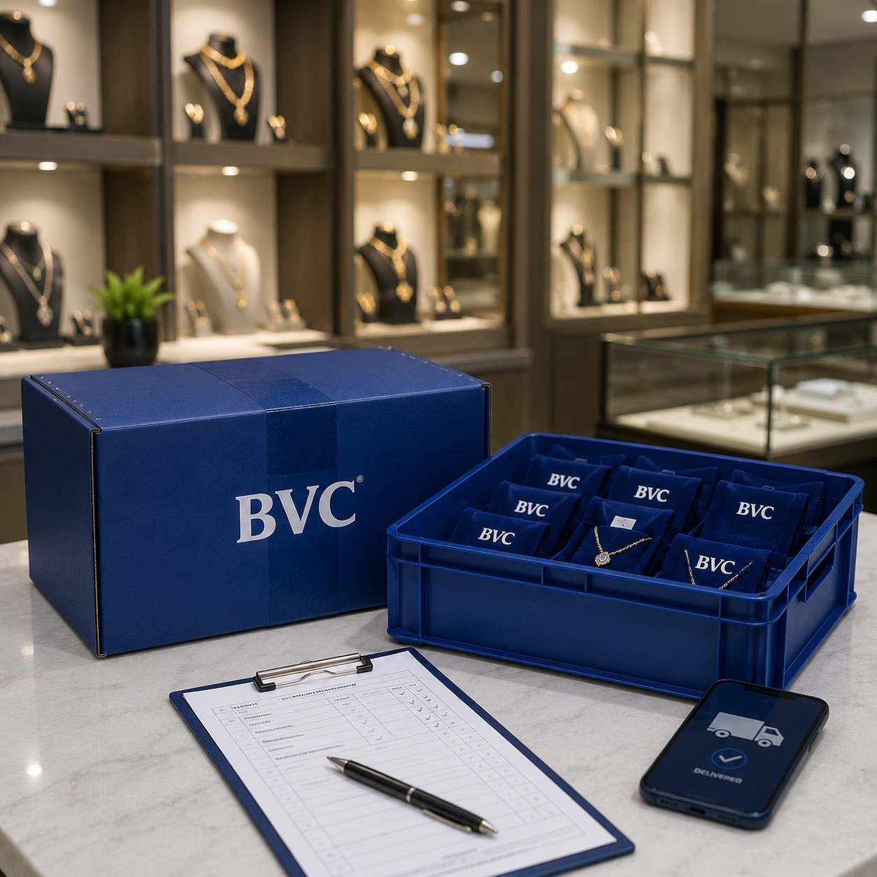 BVC box and a crate of BVC-pouched jewellery beside a delivery checklist and a phone showing proof of delivery in a showroom