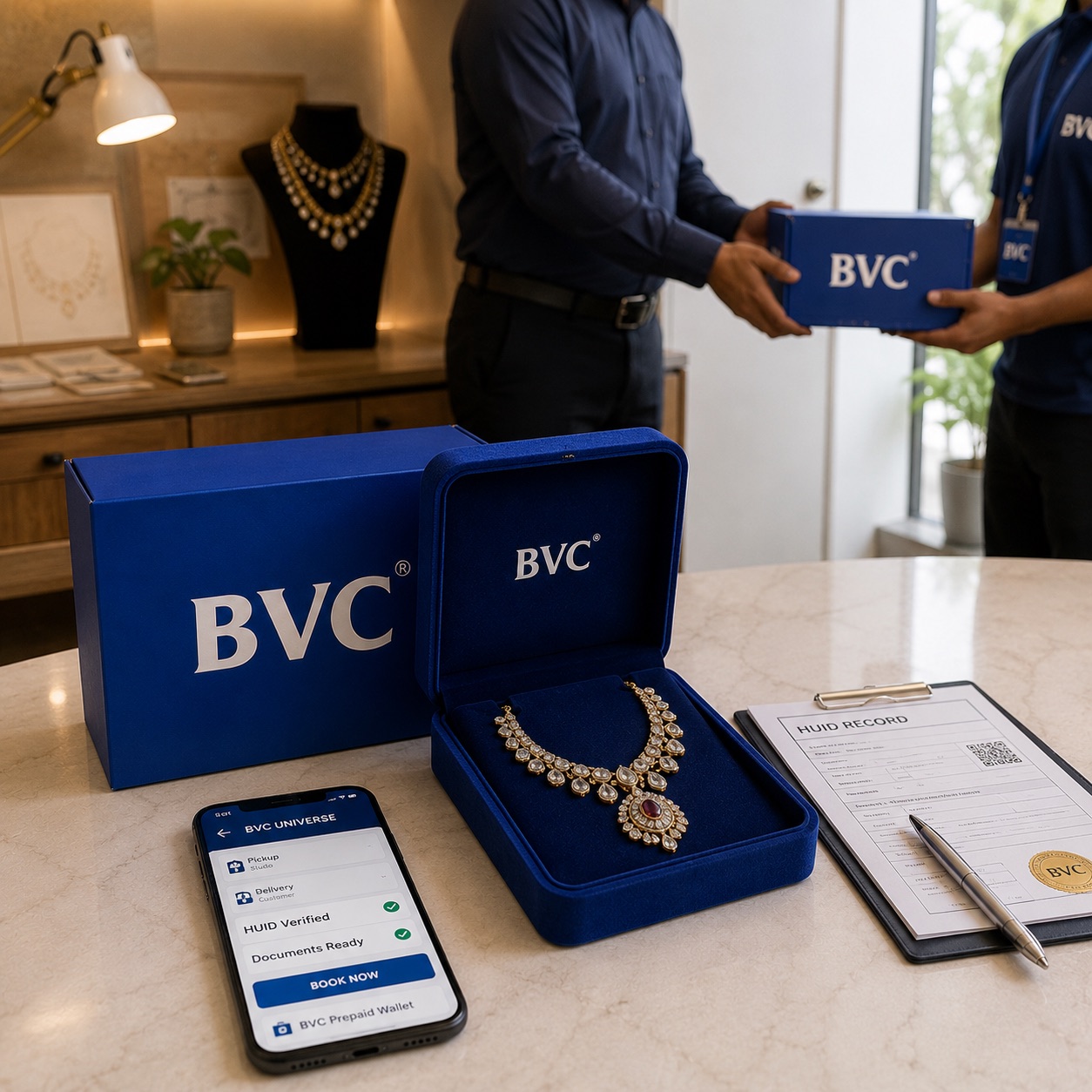 Bespoke necklace in a BVC velvet box with the BVC Universe app and a HUID record beside a studio doorstep handover