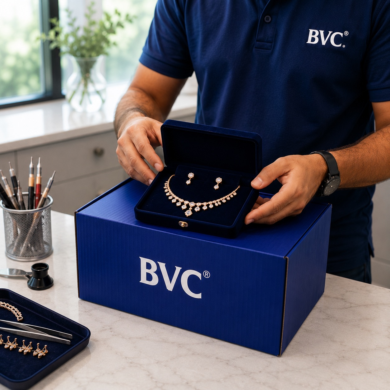 A BVC staff member in a navy BVC polo presenting an open jewellery box with a gold necklace and earring set on a blue BVC secure box, beside jeweller's tools