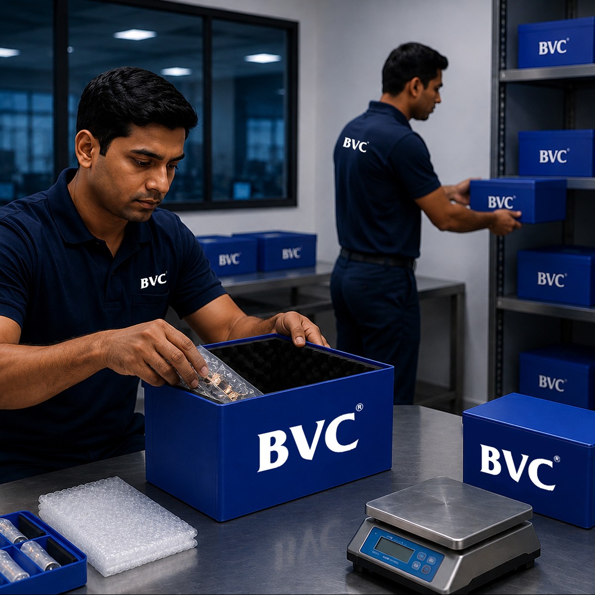 Two BVC handlers in navy polos and white gloves packing loose gemstones into a foam-lined blue BVC security case with a precision scale and bubble-wrap on a steel bench, with blue BVC cases on shelves behind