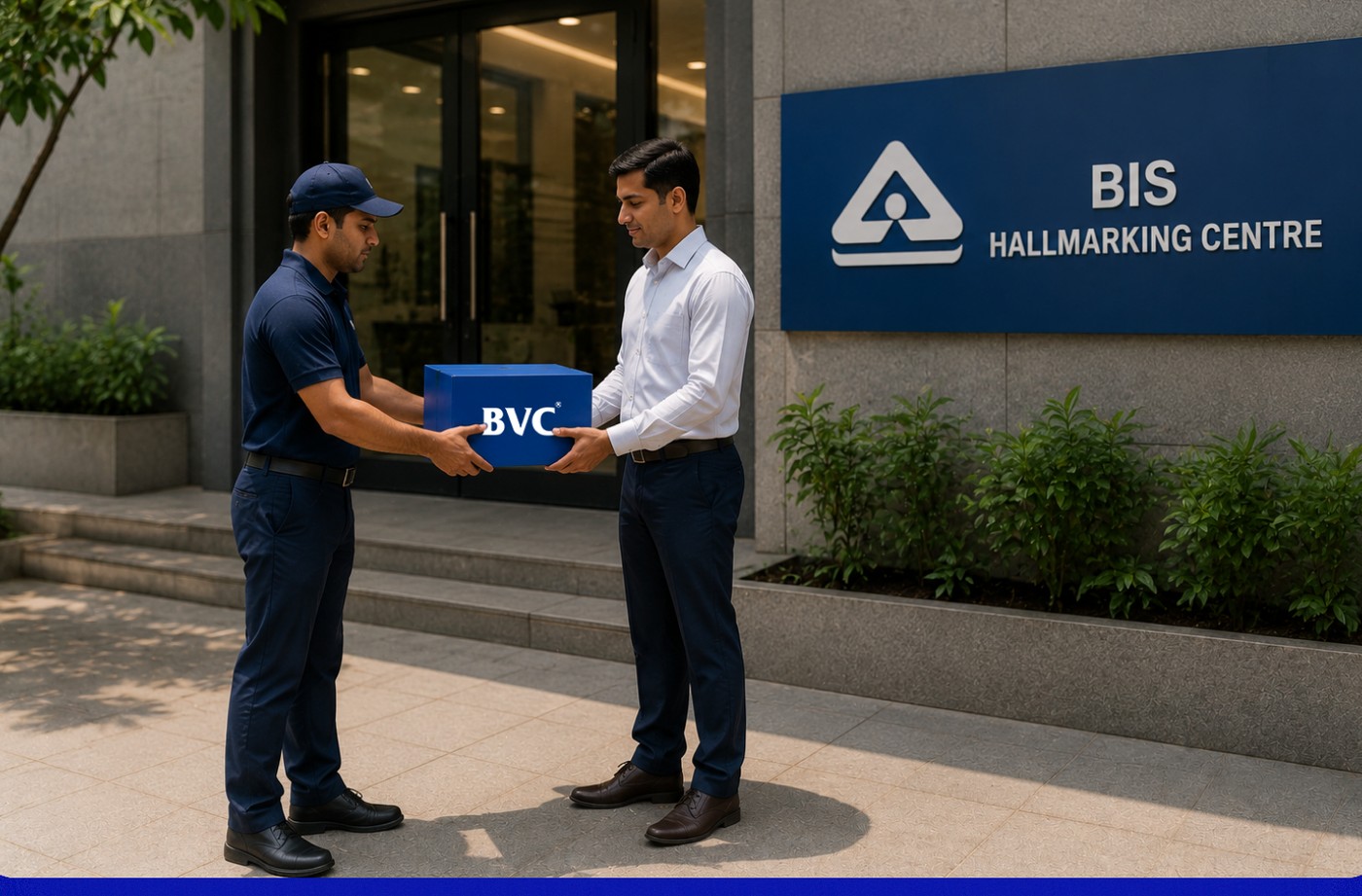 A blue BVC truck linked by a secure route to a jewellery display vault, a lab office and a hallmarking centre, each marked with a location pin