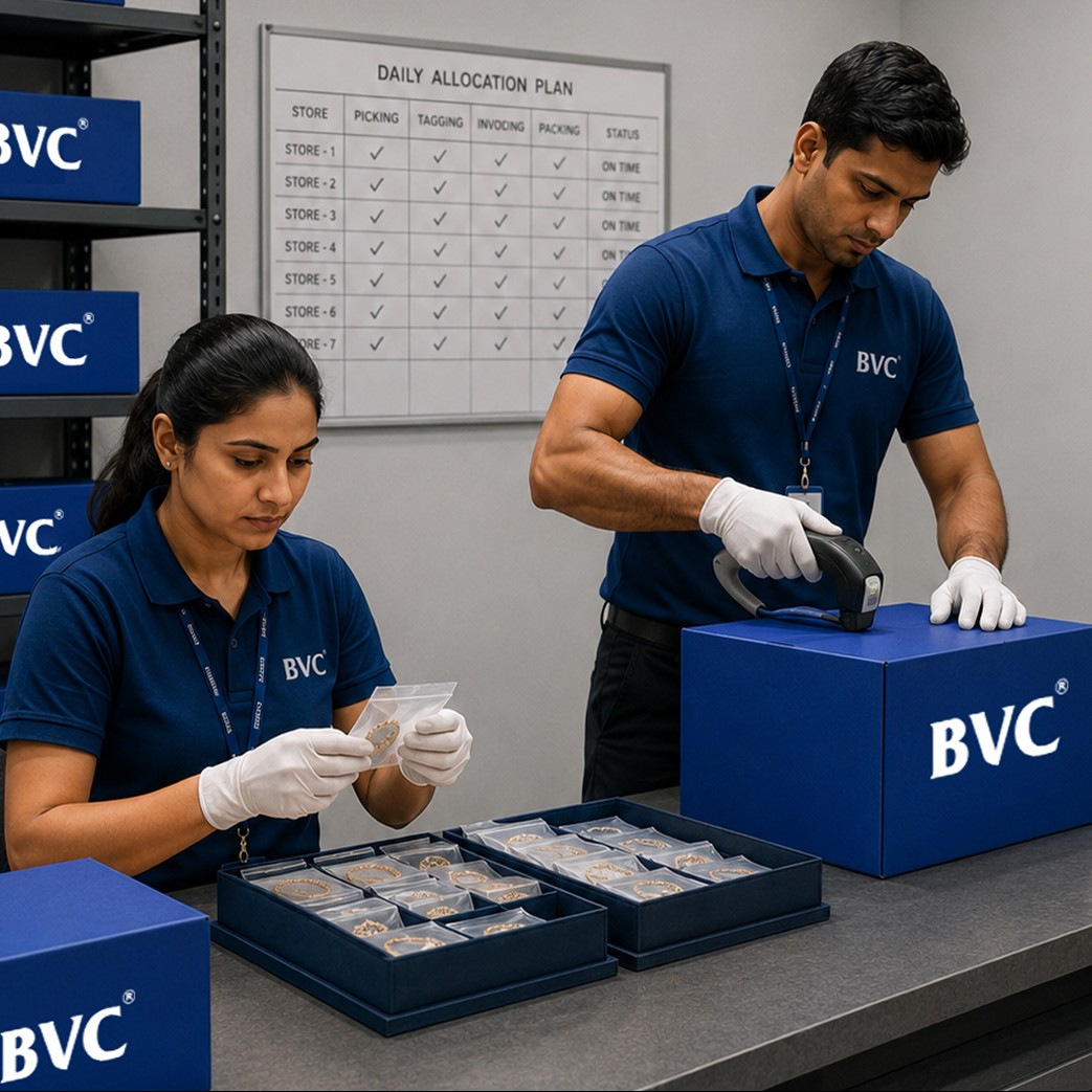 Two BVC officers in gloves picking and tagging gold jewellery at a warehouse counter, with blue BVC crates stacked on shelves behind them