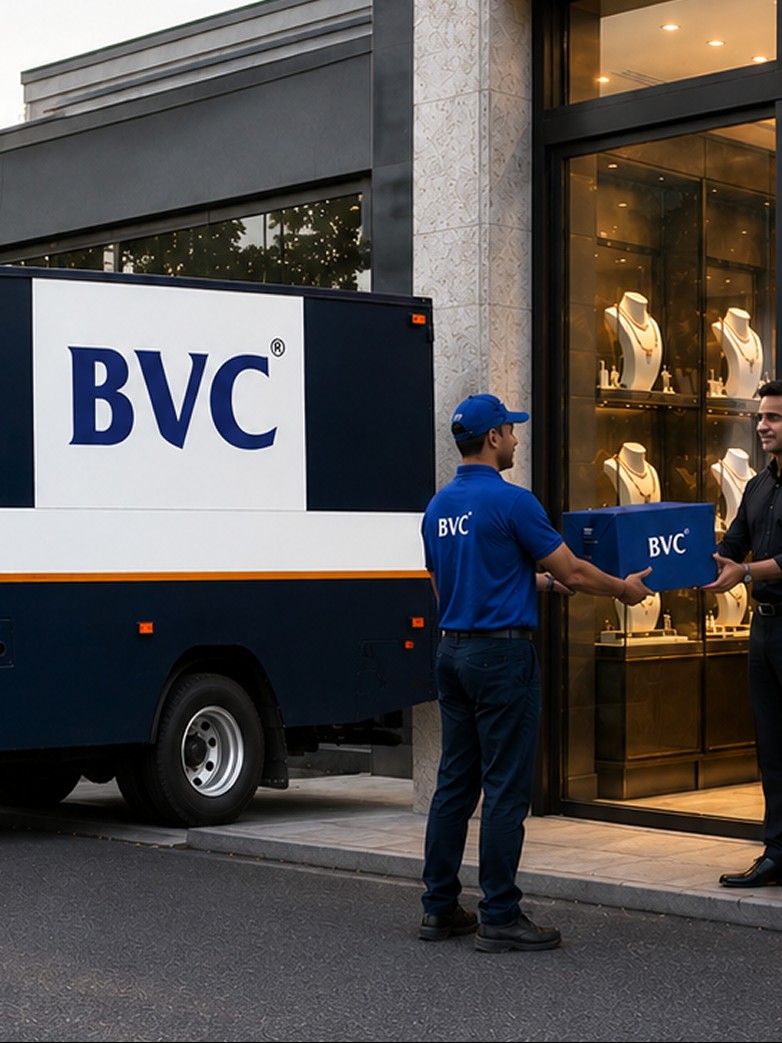 A blue BVC truck at dusk beside a glowing India route network, with BVC officers at the entrance of a lit jewellery showroom