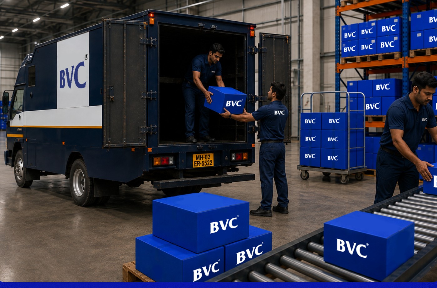 Central blue BVC trunk linked to photos of a jewellery display case, a store window, a BVC officer carrying a sealed box, a molten-gold pour and gloved hands handling a BVC box — the full retail inventory loop