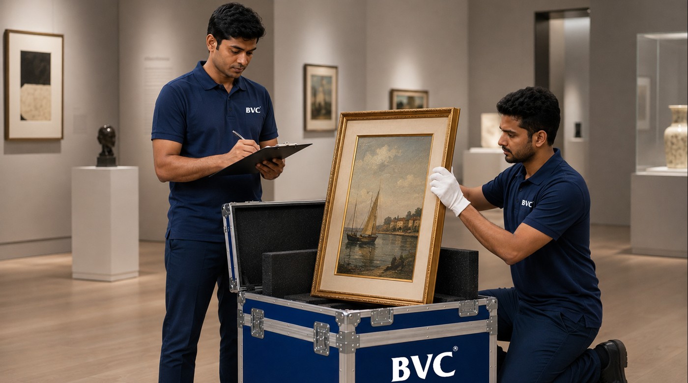 Two BVC art handlers lowering a framed painting into a padded blue BVC art crate