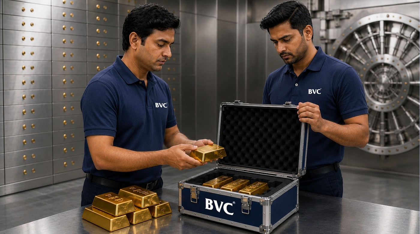 Stacked fine gold bars on a steel table in front of an open bank-grade vault door with a BVC box