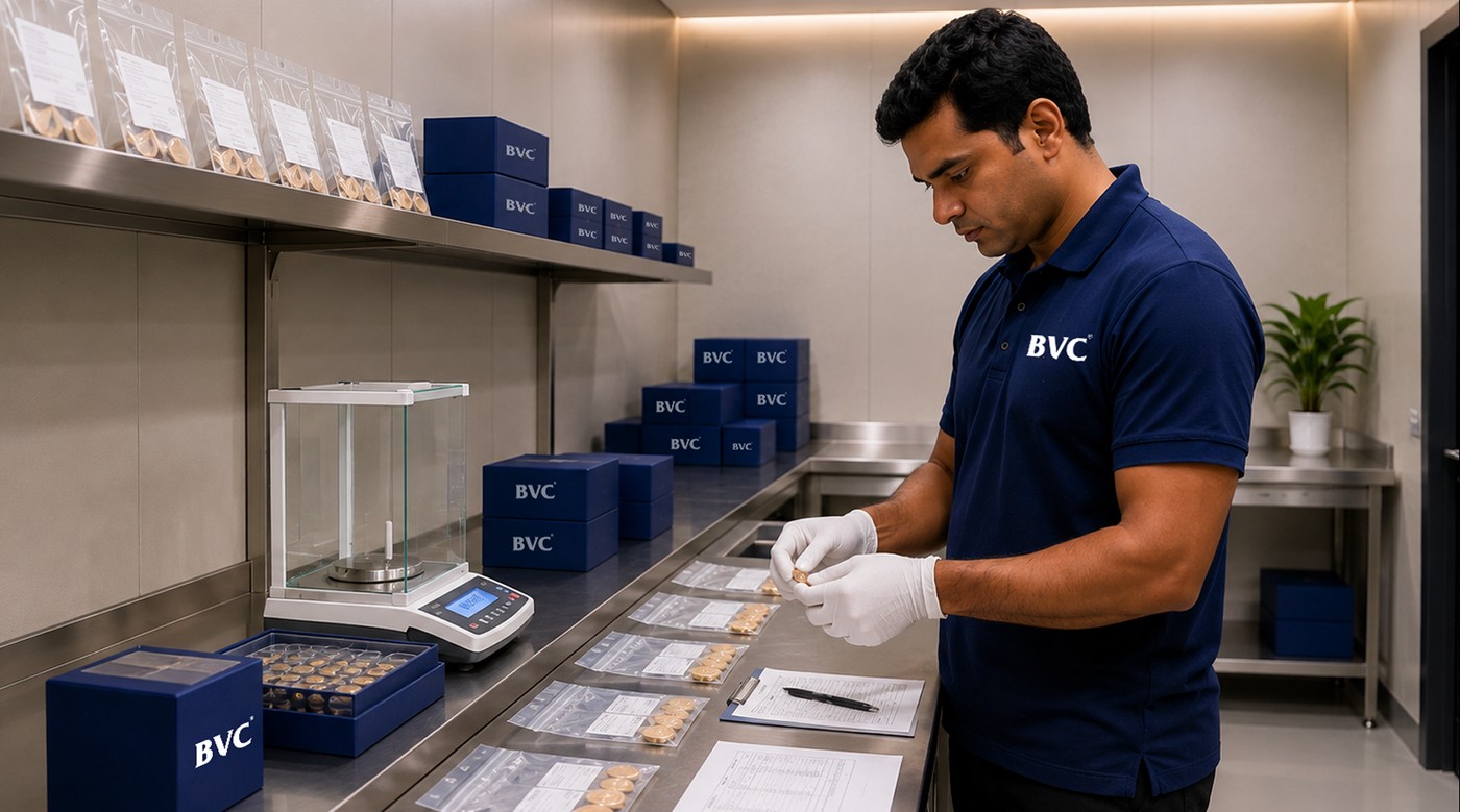 Gold coins in tamper-proof pouches being counted beside a sealed BVC box and a precision scale