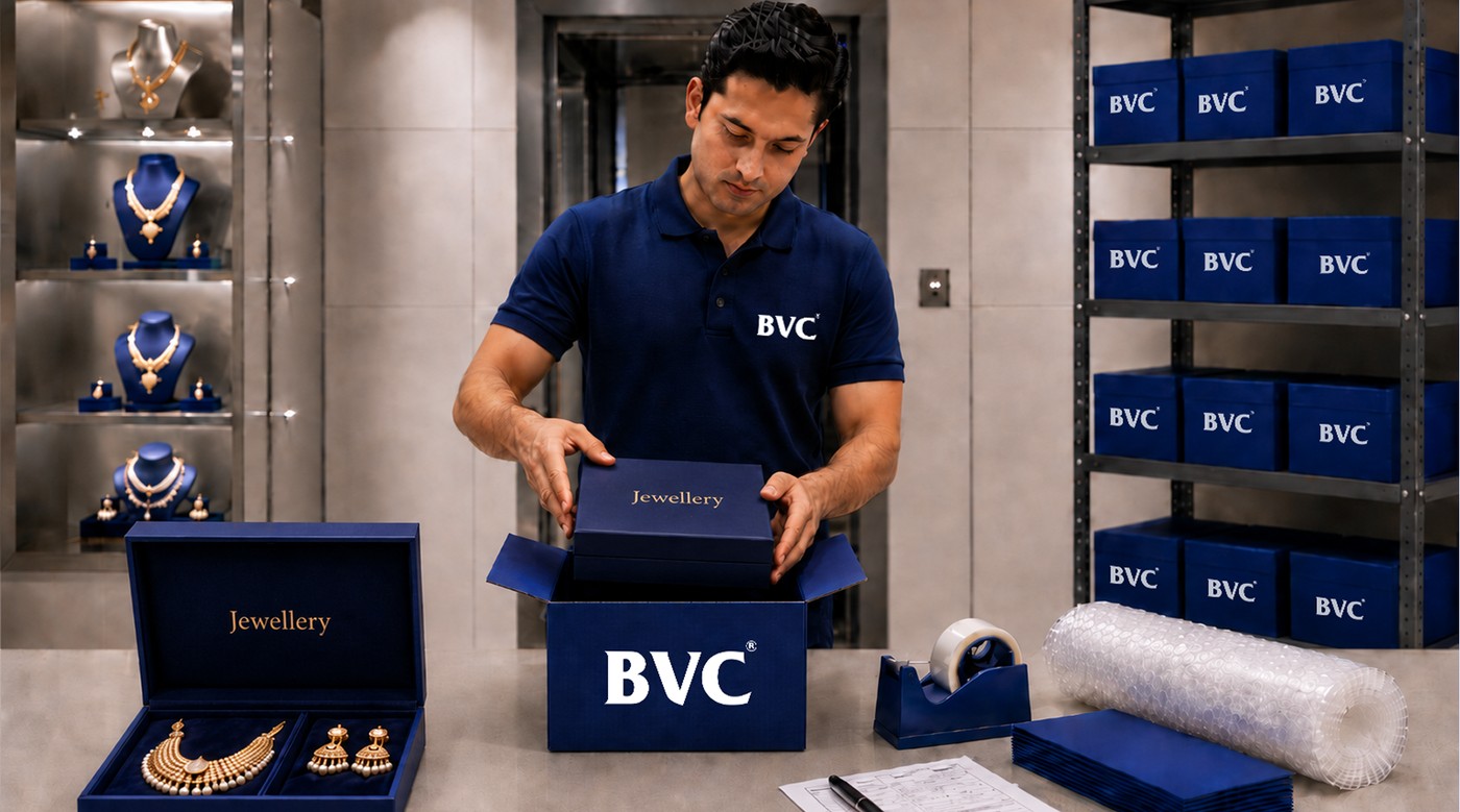 A BVC staff member in white gloves placing a tray of jewellery into a blue BVC box in a secure fulfilment room