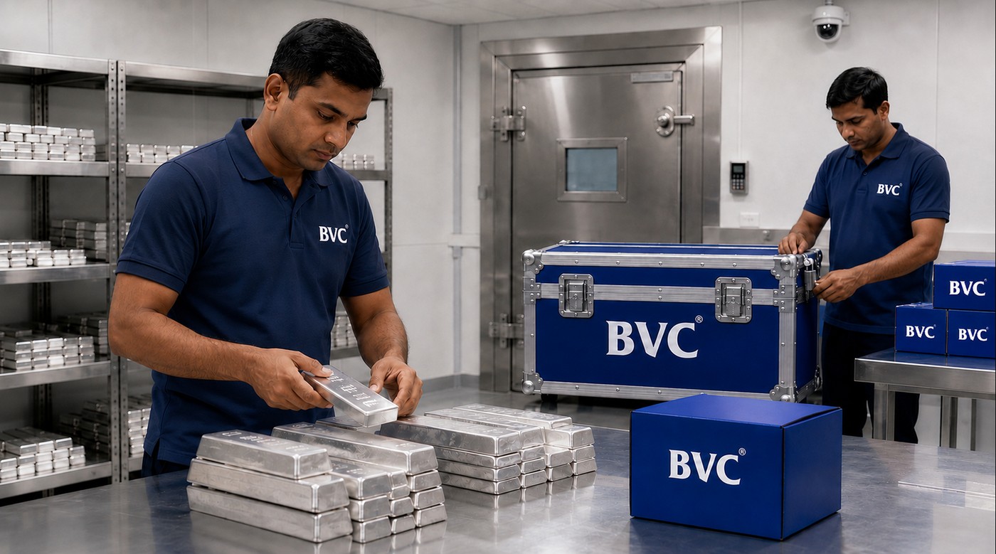 Silver bullion bars stacked on industrial shelving in a secure vault room beside BVC crates