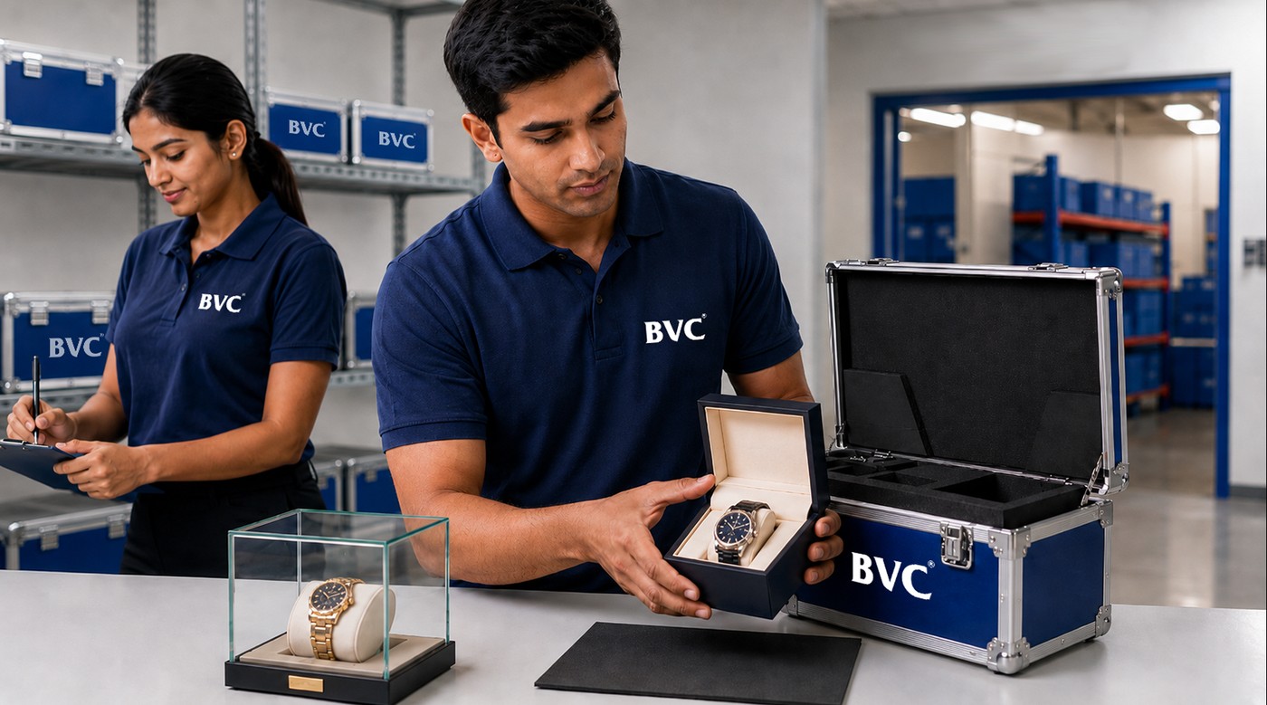 A luxury watch in a presentation box being sealed into blue BVC packaging by white-gloved hands